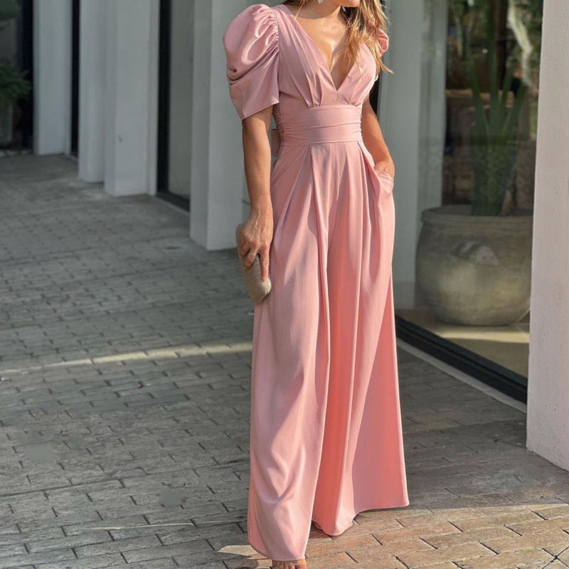 Linnea | Women's V Neck Puff Sleeve Wide Leg Jumpsuit