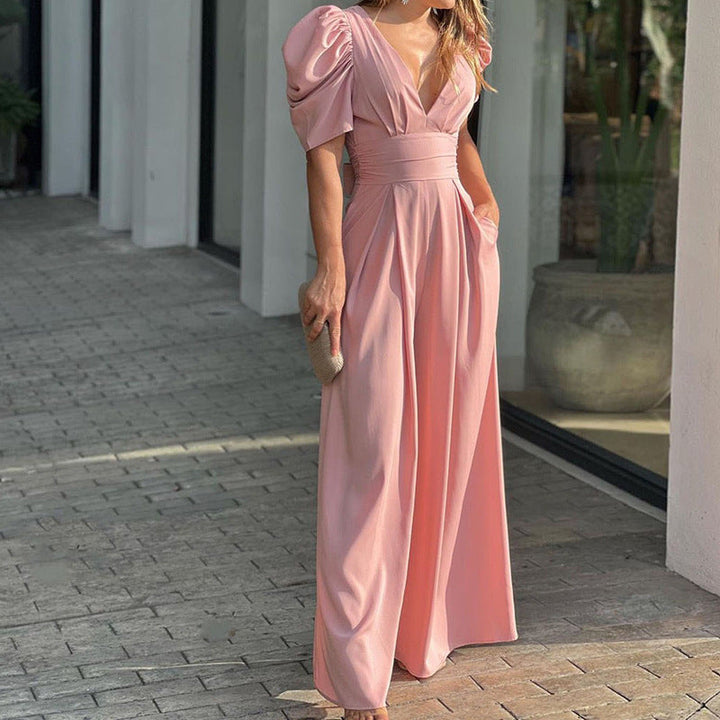 Linnea | Women's V Neck Puff Sleeve Wide Leg Jumpsuit