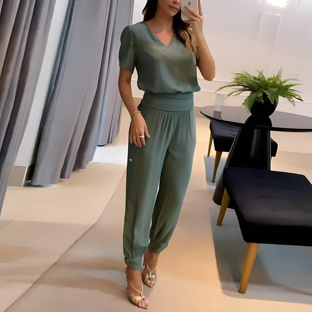 Lydia | Women's Two Piece V Neck Top Wide Leg Pants Set