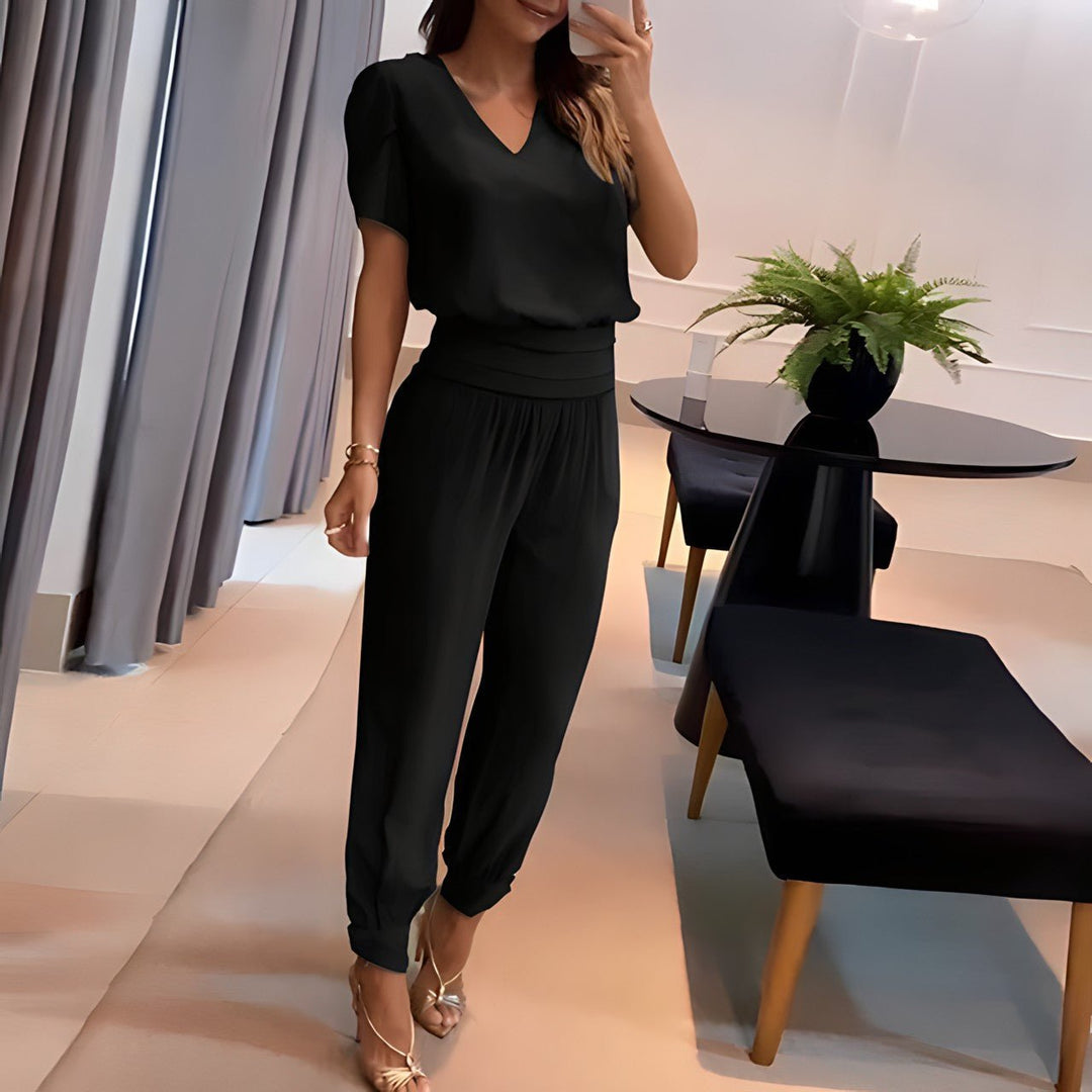 Lydia | Women's Two Piece V Neck Top Wide Leg Pants Set