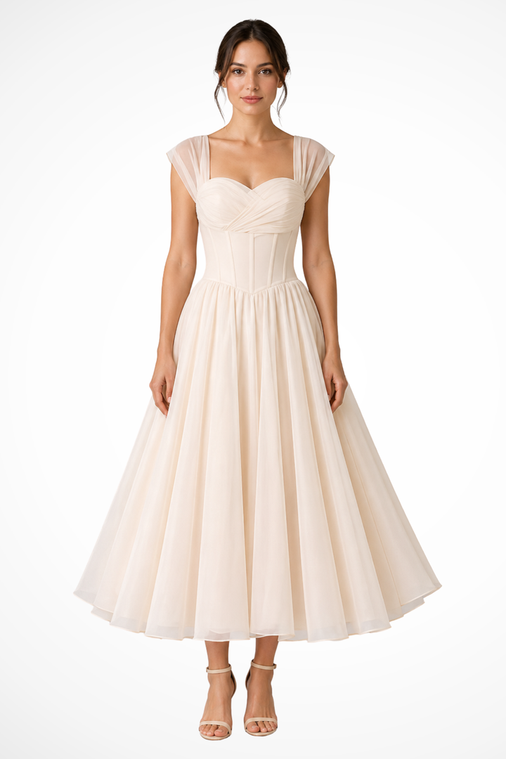 Madeline | Women's Tulle Sweetheart Neck Flared Wedding Guest Midi Dress
