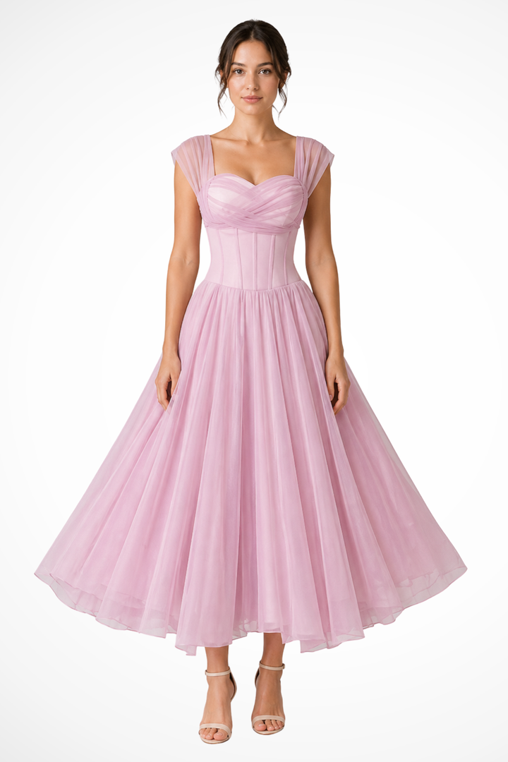 Madeline | Women's Tulle Sweetheart Neck Flared Wedding Guest Midi Dress