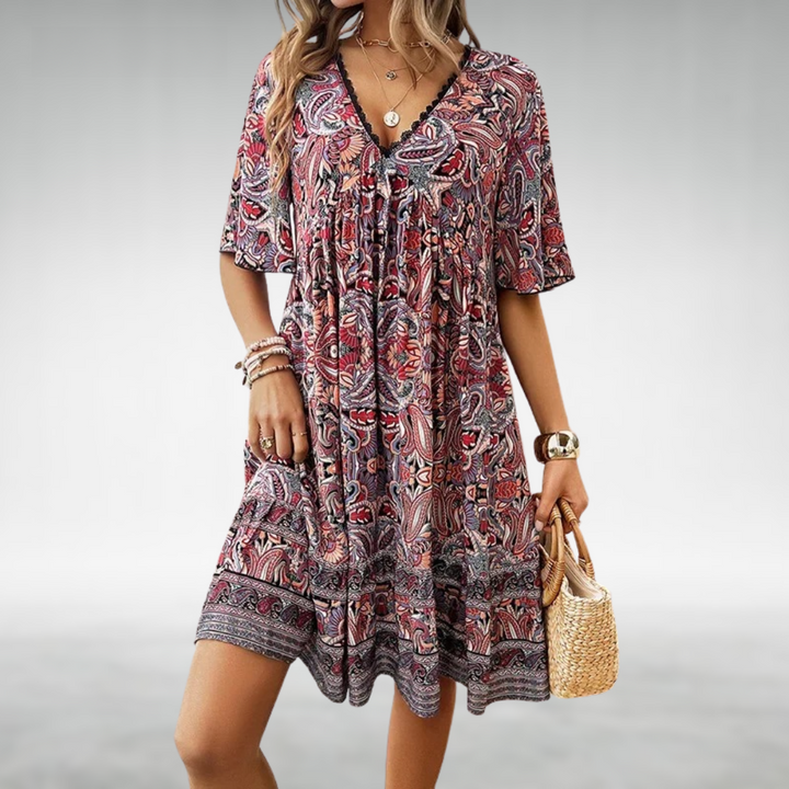 Maren | Women's Boho Print V Neck Flutter Sleeve Mini Dress