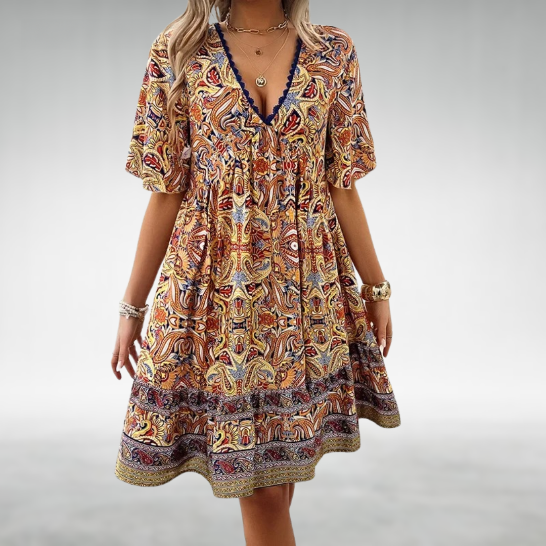 Maren | Women's Boho Print V Neck Flutter Sleeve Mini Dress
