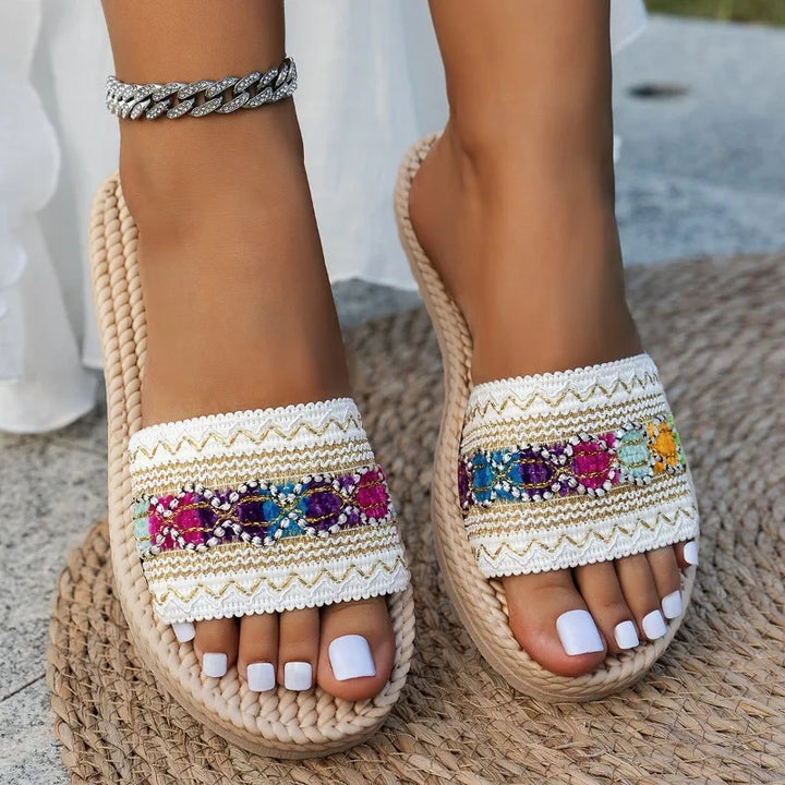 Marisol | Women's Boho Embroidered Beaded Espadrille Flat Flip Flops