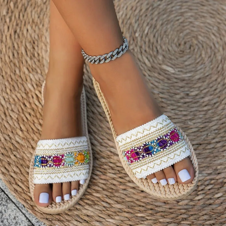 Marisol | Women's Boho Embroidered Beaded Espadrille Flat Flip Flops