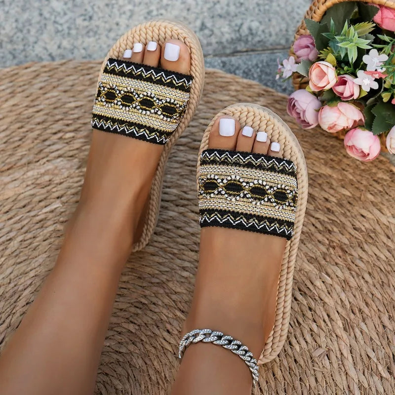 Marisol | Women's Boho Embroidered Beaded Espadrille Flat Flip Flops