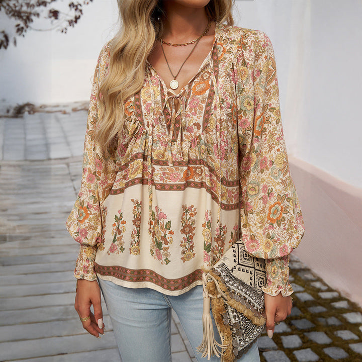 Maya | Women's Blouse Boho Floral V-Neck Long Sleeve Casual