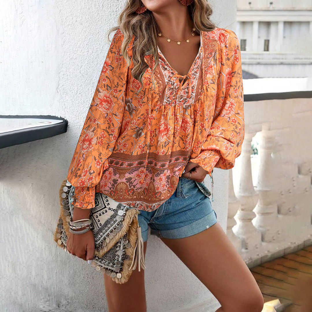 Maya | Women's Blouse Boho Floral V-Neck Long Sleeve Casual