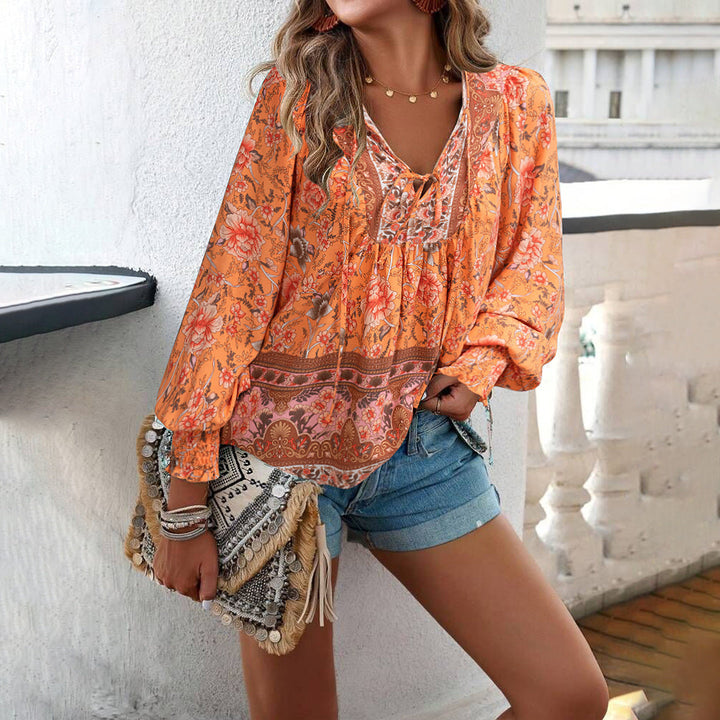 Maya | Women's Blouse Boho Floral V-Neck Long Sleeve Casual