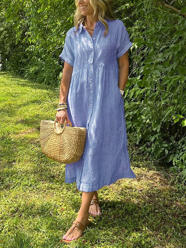 Natalie | Women's Striped Button Down Shirt Midi Sundress