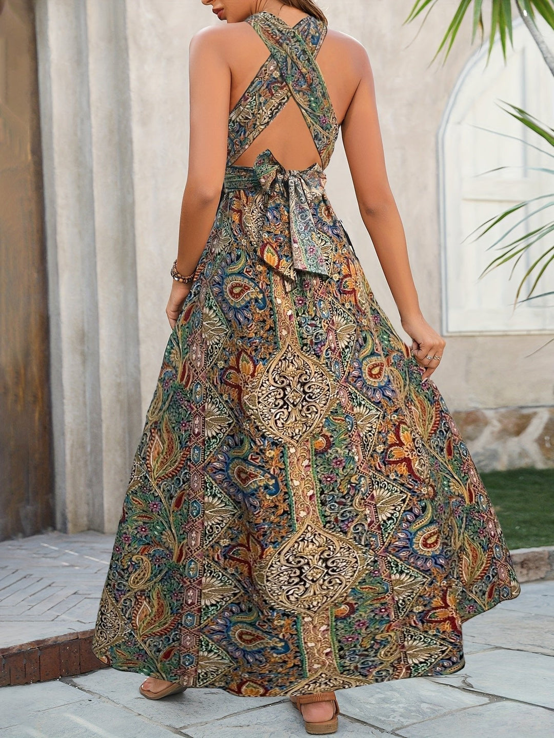 Rowen | Women's Halter Neck Paisley Boho Maxi Dress High Slit