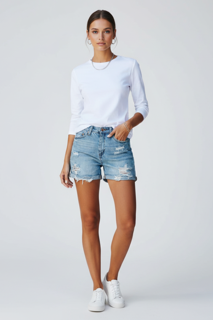 Sadie | Women's Mid Rise Fringe Hem Distressed Denim Shorts