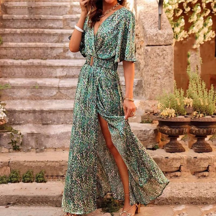 Saffron | Women's Wrap V Neck Print Maxi Dress High Slit