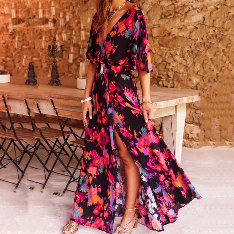 Saffron | Women's Wrap V Neck Print Maxi Dress High Slit