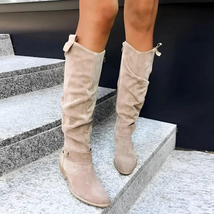 Seraphina | Women's Knee High Suede Slouch Boots Block Heel