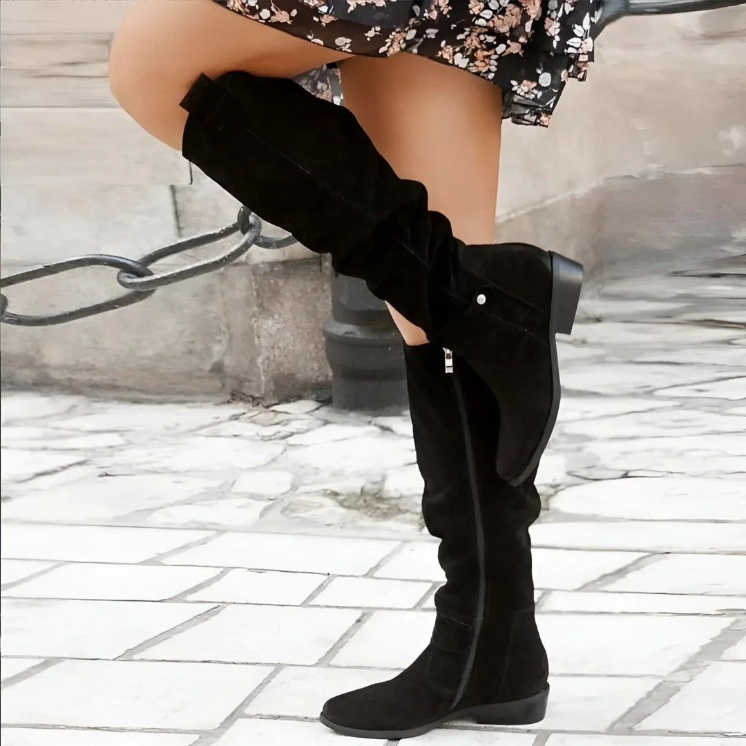Seraphina | Women's Knee High Suede Slouch Boots Block Heel