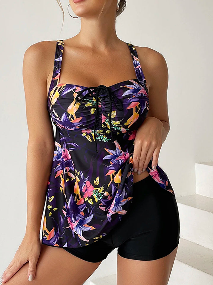 Serena | Women's Beach Floral Lace Up A Line Boyshort Tankini Set