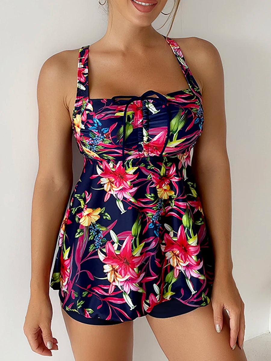 Serena | Women's Beach Floral Lace Up A Line Boyshort Tankini Set
