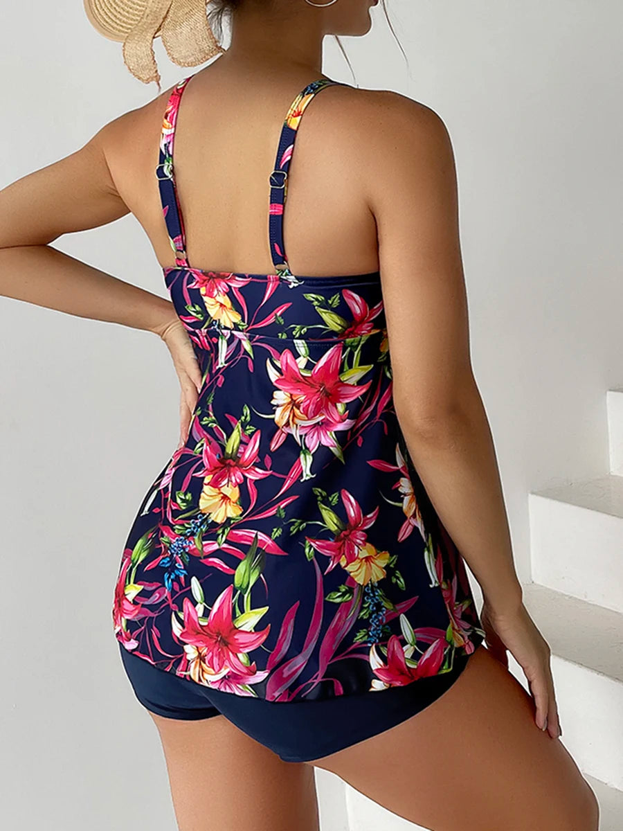 Serena | Women's Beach Floral Lace Up A Line Boyshort Tankini Set