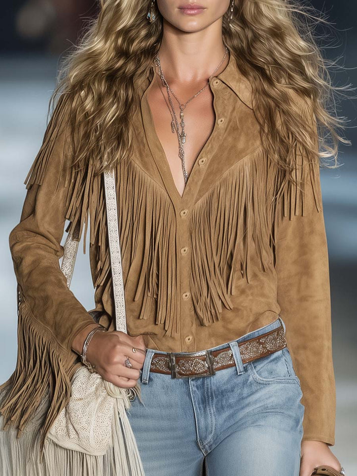 Sierra | Women's Western Fringe Faux Suede Long Sleeve Shirt