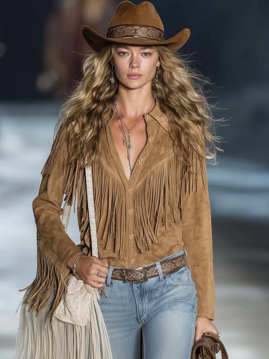 Sierra | Women's Western Fringe Faux Suede Long Sleeve Shirt