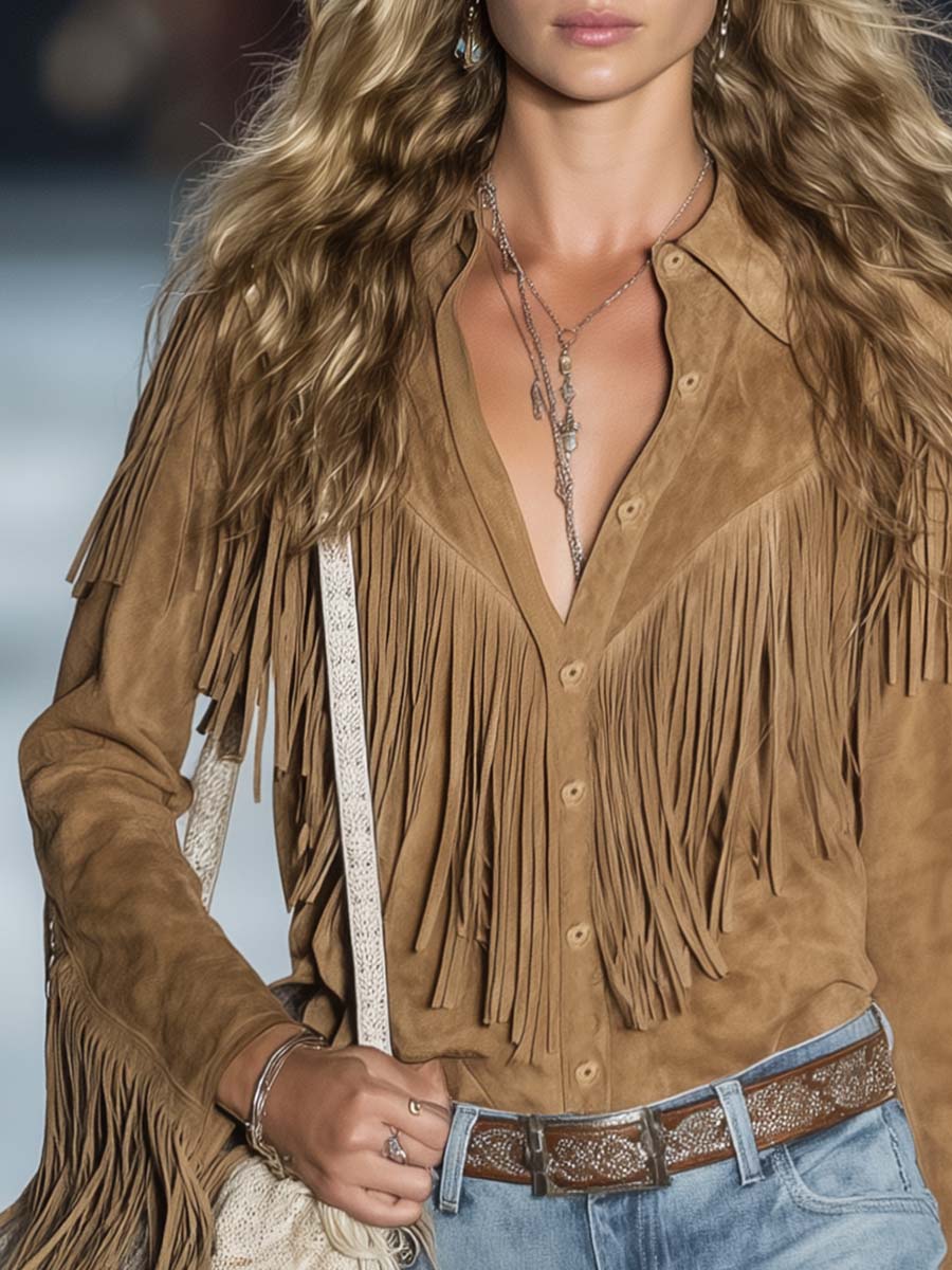 Sierra | Women's Western Fringe Faux Suede Long Sleeve Shirt