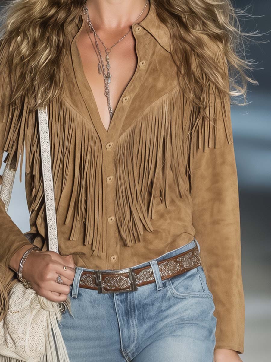 Sierra | Women's Western Fringe Faux Suede Long Sleeve Shirt