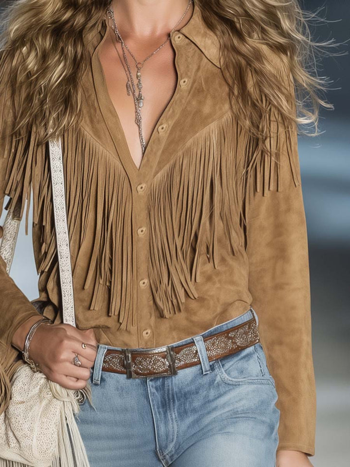 Sierra | Women's Western Fringe Faux Suede Long Sleeve Shirt