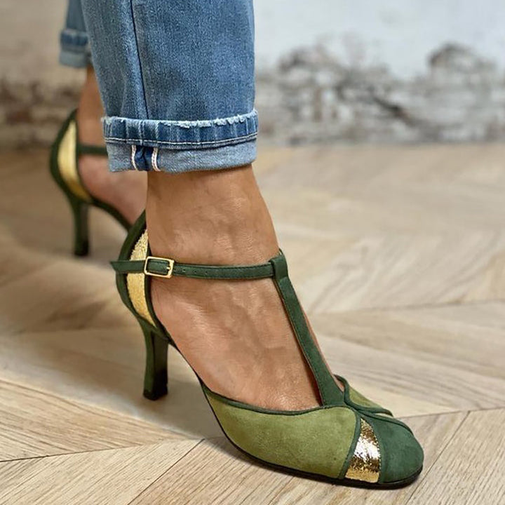 Sloane | Stylish Women's Patchwork Heels T-Strap