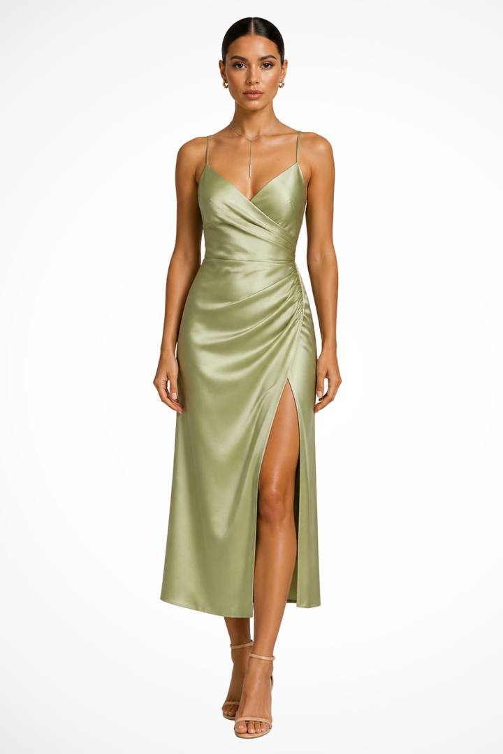 Vivianna | Women's V Neck Wrap Wedding Guest Satin Maxi Dress