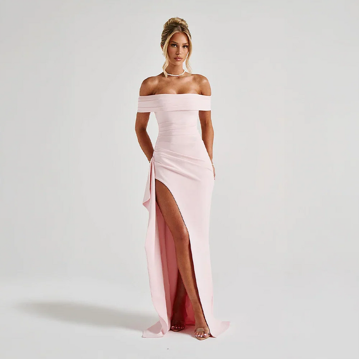 Vivienne | Women's Off Shoulder Ruched Maxi Dress High Slit