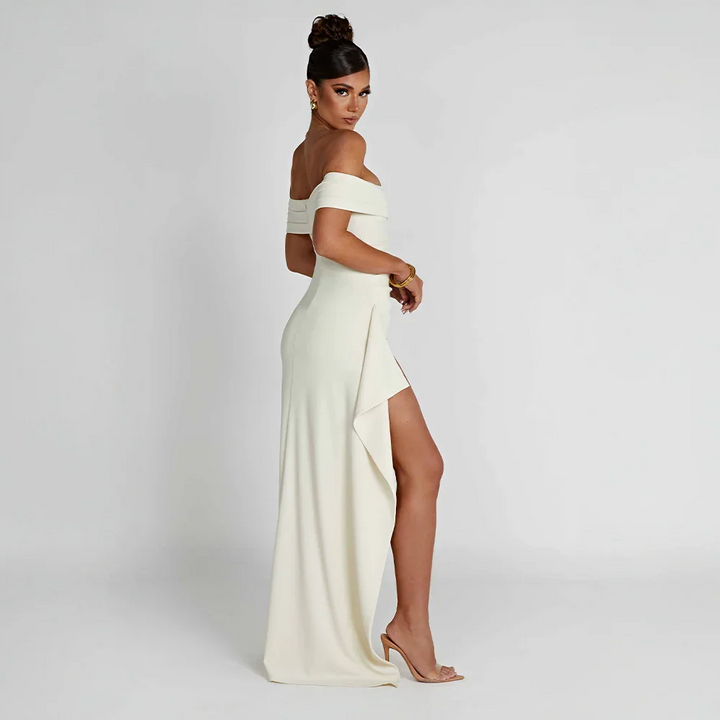 Vivienne | Women's Off Shoulder Ruched Maxi Dress High Slit