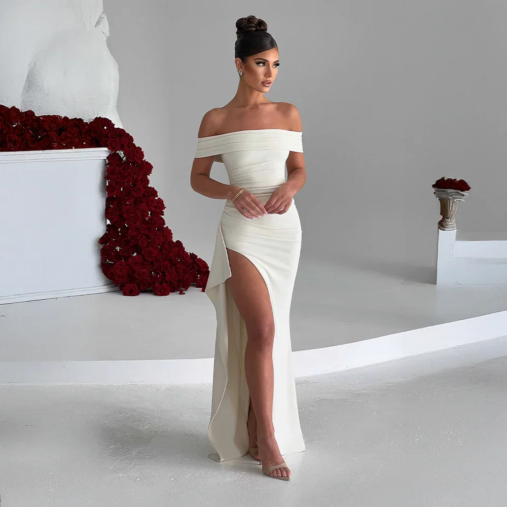 Vivienne | Women's Off Shoulder Ruched Maxi Dress High Slit
