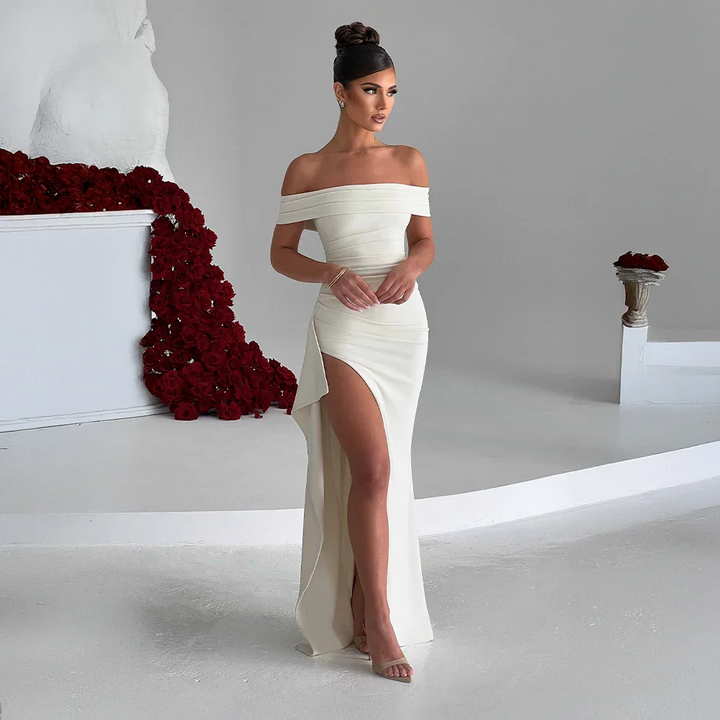Vivienne | Women's Off Shoulder Ruched Maxi Dress High Slit