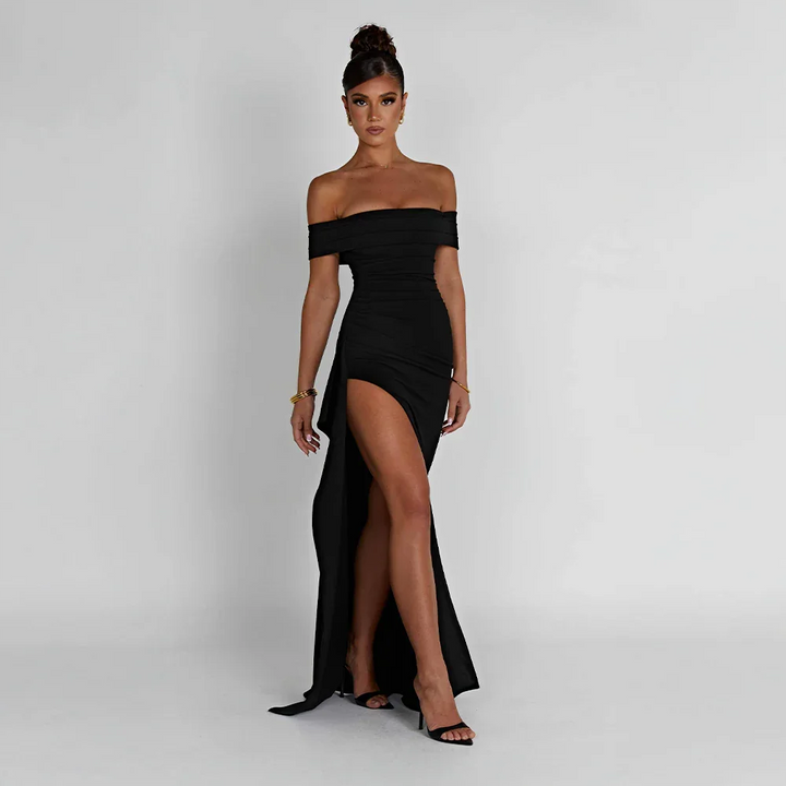 Vivienne | Women's Off Shoulder Ruched Maxi Dress High Slit