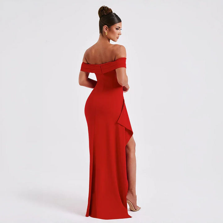 Vivienne | Women's Off Shoulder Ruched Maxi Dress High Slit