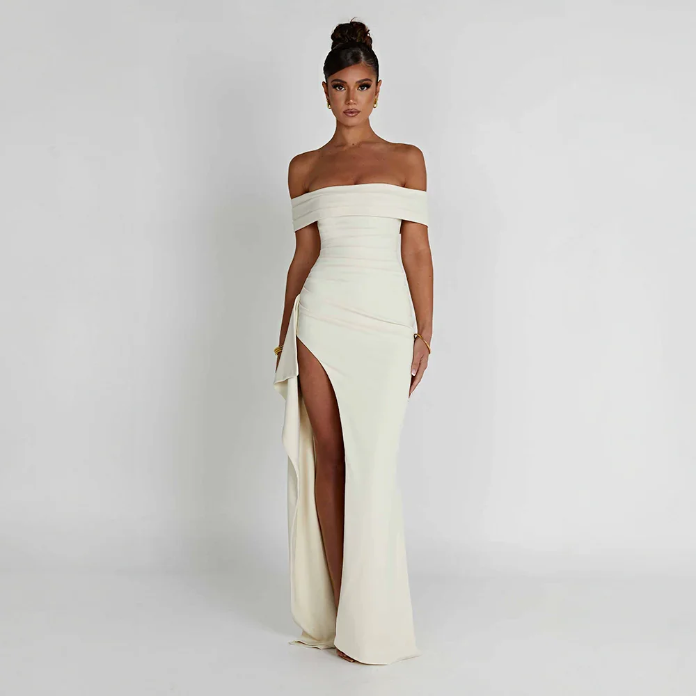 Vivienne | Women's Off Shoulder Ruched Maxi Dress High Slit
