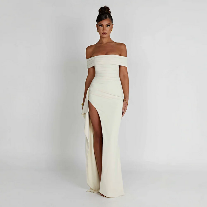 Vivienne | Women's Off Shoulder Ruched Maxi Dress High Slit