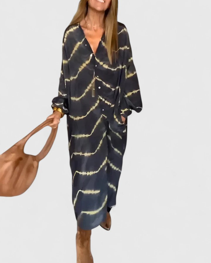 Zara | Women's Striped Deep V-Neck Boho Midi Dress